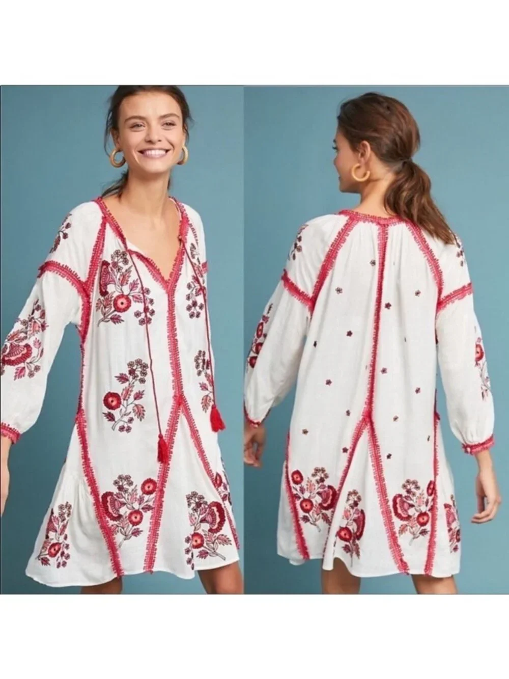 Anthropologie Ranna Gill, Hadley Embroidered Tunic DRESS Ivory, Red Floral, Sz L - Picture 1 of 8